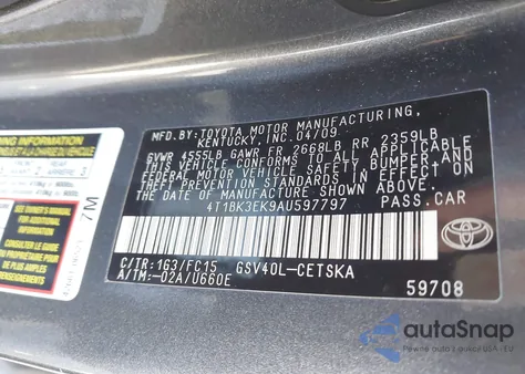 2010 Toyota Camry Se V6 из США, поврежденный, VIN 4T1BK3EK9AU597797